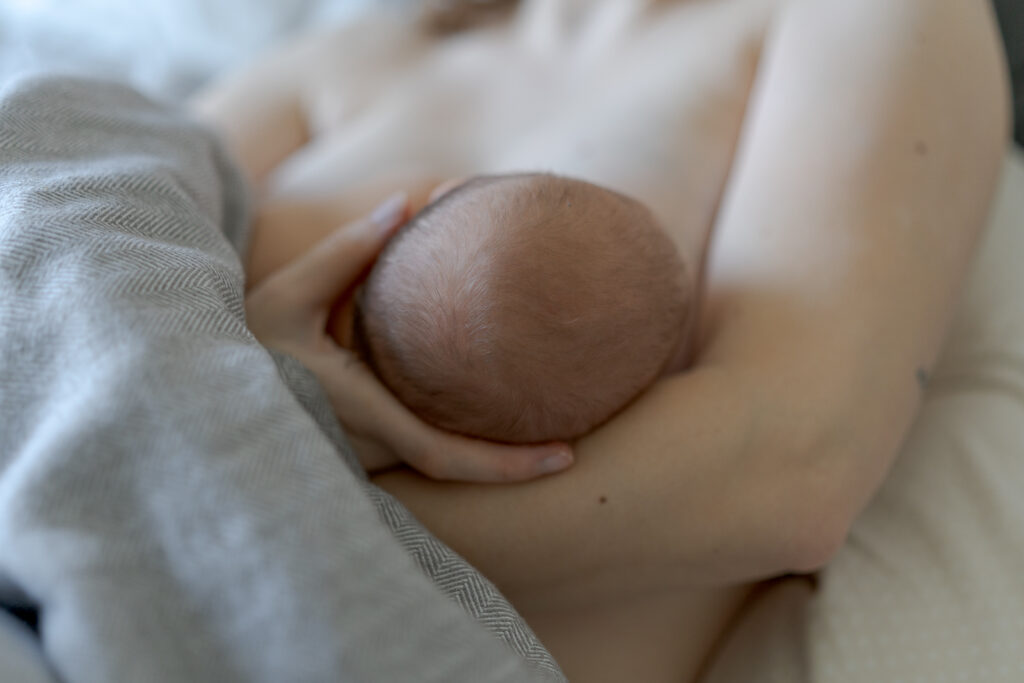 Es handelt sich um ein buntes Foto bei einem Babyfotoshooting. Es ist eine Detailaufnahme vom Stillen. Zu sehen ist, wie die Mutter das Baby im richtigen Winkel an die Brust hält, welche nicht zu sehen ist. Man kann fokussiert sind die feinen Babyhaare.